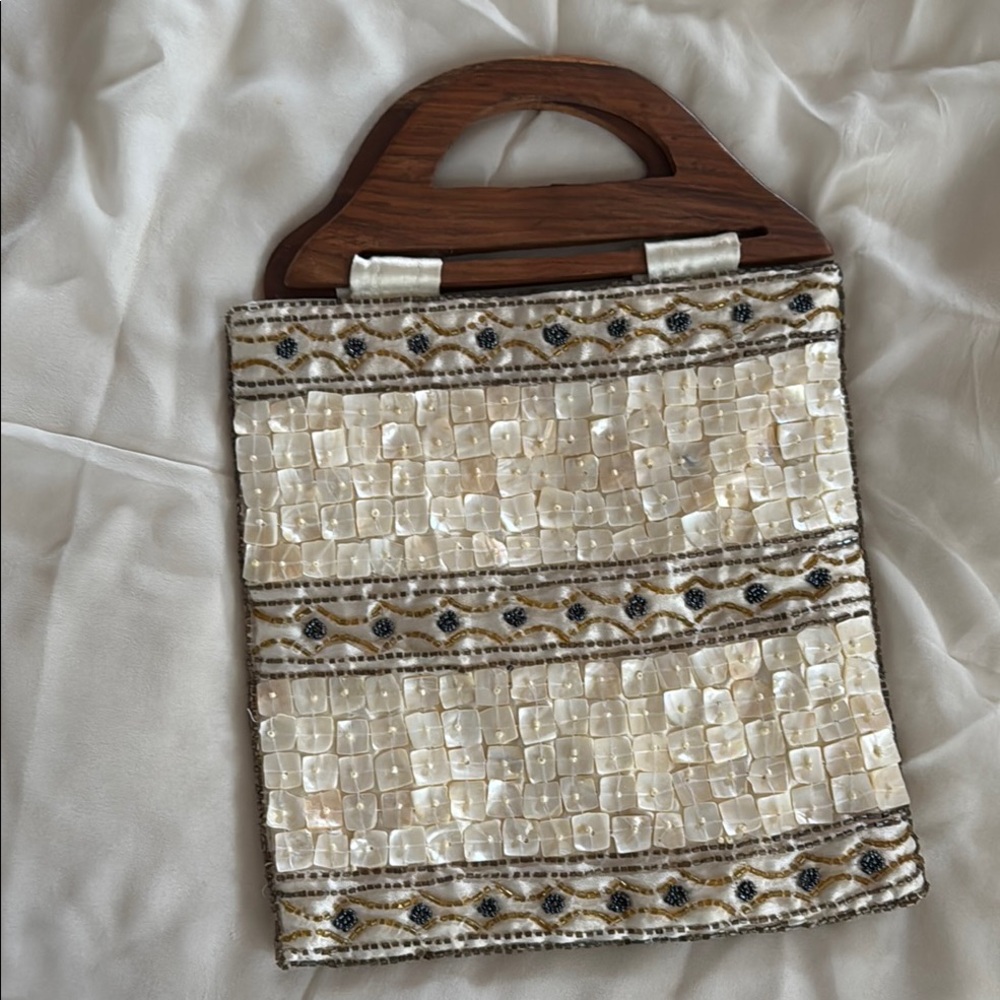 Stylish Mother of Pearl Clutch with Wooden Handle